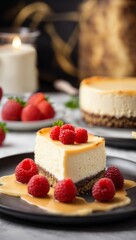 A delicious cheesecake sprinkled with goodies stands on a table with a beautiful background