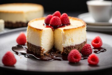 A delicious cheesecake sprinkled with goodies stands on a table with a beautiful background