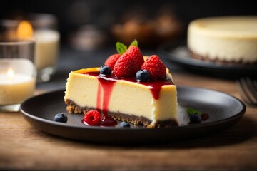 A delicious cheesecake sprinkled with goodies stands on a table with a beautiful background