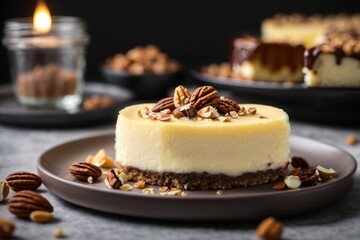 A delicious cheesecake sprinkled with goodies stands on a table with a beautiful background