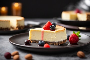 A delicious cheesecake sprinkled with goodies stands on a table with a beautiful background