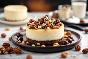 A delicious cheesecake sprinkled with goodies stands on a table with a beautiful background
