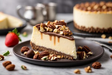 A delicious cheesecake sprinkled with goodies stands on a table with a beautiful background