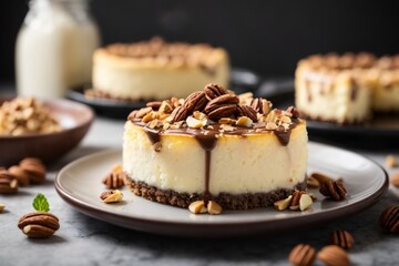 A delicious cheesecake sprinkled with goodies stands on a table with a beautiful background