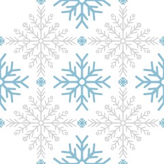 Fototapeta na wymiar Seamless abstract pattern with snowflakes. Blue, grey, white. Christmas, New Year. Ornament. Designs for textile fabrics, wrapping paper, background, wallpaper, cover.