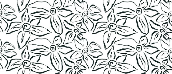 Seamless abstract botanical pattern. Simple background with black, white texture. Digital brush strokes. Flowers. Design for textile fabrics, wrapping paper, background, wallpaper, cover.