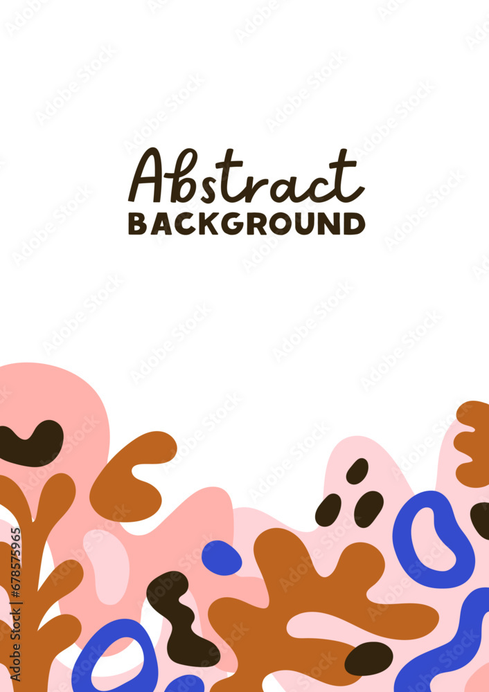 Poster Abstract card background. Modern poster design with trendy fluid geometric shapes, random elements, organic blobs, natural blots pattern. Vertical banner in minimalist style. Flat vector illustration