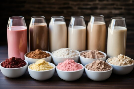 variety of flavored protein powder in jars. AI Generated