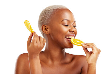 Woman, bite and orange for nutrition, beauty and wellness for skincare with eyes closed. African...