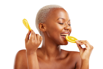 Woman, bite and orange for nutrition, beauty and wellness for skincare with eyes closed. African model, glowing skin and citrus fruit in health on isolated or transparent png background for cosmetics