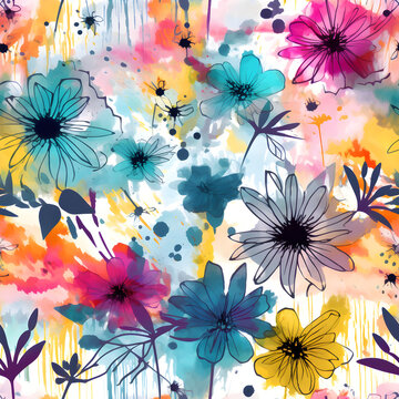 seamless abstract colourful ink flowers texture pattern