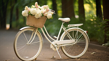 A white bicycle with a basket of flowers