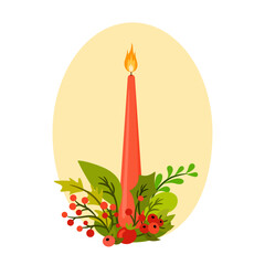 Christmas composition with red candle, leaves and berries