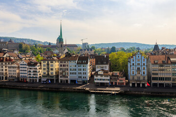 View of old town of Zurich and the Limmat river from Lindenhof hill, Switzerland
