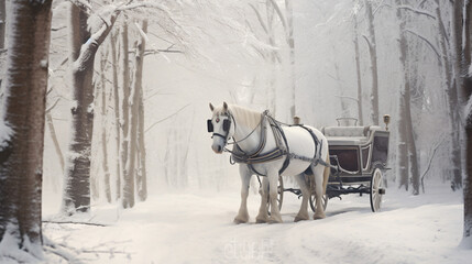 A white horse pulling a carriage - Powered by Adobe