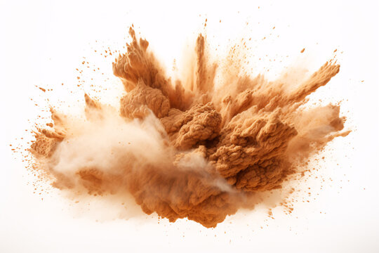 Sand Explosion on White Background. Abstract, Dynamic, and Striking