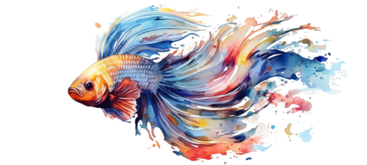 Colorful fighting fish illustration with watercolor ink splash on a transparent background.