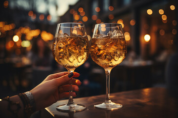 A girl at a bar takes a glass of alcohol from the bar counter. A girl's hand holds a glass of champagne. AI