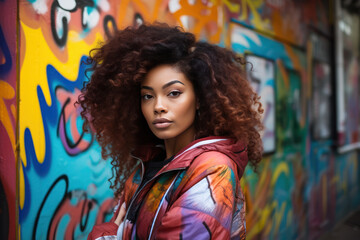 Stylish Young Woman Against Graffiti Wall