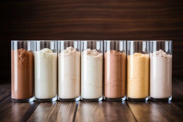 variety of flavored protein powder in jars. AI Generated
