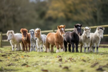 Group of cute ponies. Nature outdoor farm mammal animal. Generate Ai