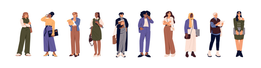 Modern businesswomen set. Females in office costume standing. Workers, employees multinational group. Diverse women, girls businessmen work. Business people flat isolated vector illustration on white