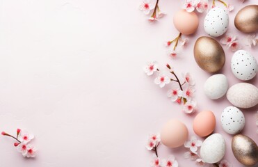Fototapeta na wymiar Colorful pink and white easter eggs with whites birds and leaves background with copy space, cherry blossoms, light pink and light brown, textured canvas, greeting card or banner template