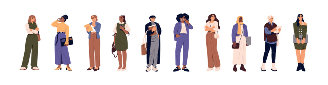 Modern businesswomen set. Females in office costume standing. Workers, employees multinational group. Diverse women, girls businessmen work. Business people flat isolated vector illustration on white