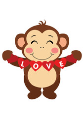 Obraz premium Loving monkey holding a love red heart flag garland