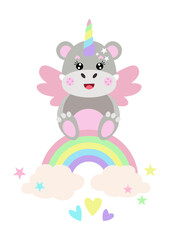 Funny unicorn hippo on magic rainbow