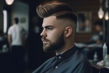 Handsome man barbershop model portrait. Photo young person salon pensive. Generate Ai