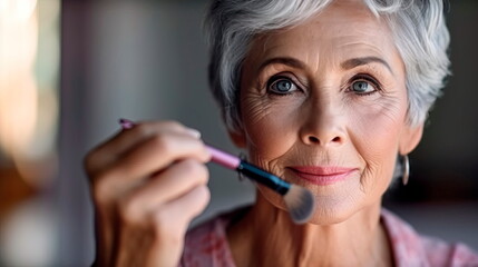 elderly gray-haired woman applying makeup with a brush in a studio background . Generative AI
