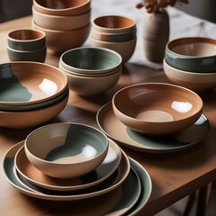 Obraz na płótnie Canvas Hand-painted ceramic dinnerware set in earthy tones, elevating the dining experience. 