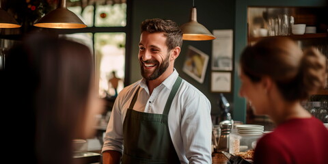 Handsome smiling waiter serving coffee to customers . Generative AI
