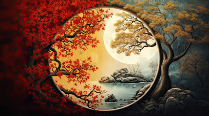 Harmony of fall and spring in a yin-yang nature portrayal AI generative