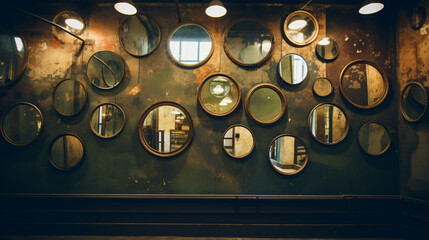 Room of round mirrors placed on the wall
