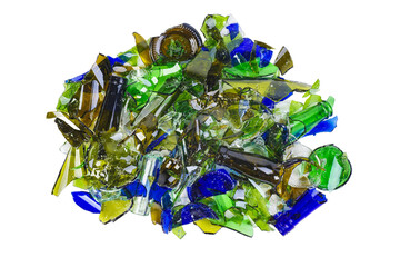 Pile of shattered bottles different colors isolated on the white background.Top view