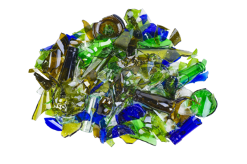 Pile of shattered bottles different colors isolated on the white background.Top view