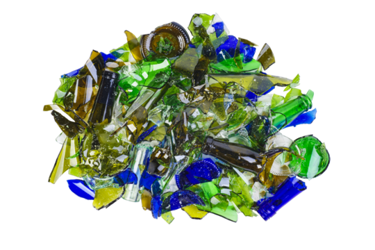 Pile of shattered bottles different colors isolated on the white background.Top view