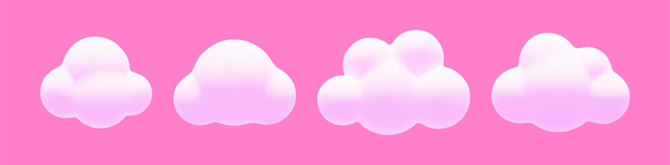 Cartoon 3d pink fluffy clouds set. Vector soft dream cloud on pink background. 3d Render bubble shape, round geometric cumulus illustration for design, game, app