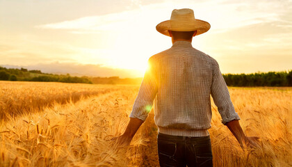A farmer with a straw hat, seen from behind, walks in a wheat field caressing the ears of wheat at dawn. Observes with satisfaction a golden wheat field at dawn or dusk. - obrazy, fototapety, plakaty
