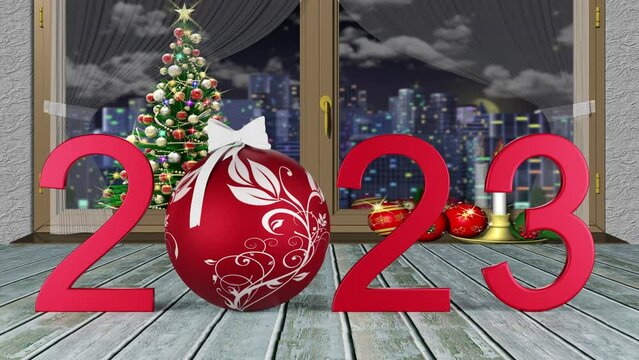 Filmato. Illustrazione 3D. Anno nuovo 2024. Capodanno 2024 in numeri. Il 2024, con decorazione di Natale, sostituisce il 2023. Sfondo con decorazione natalizia..