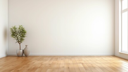 An image of a cozy room with an empty white wall and polished wood floor. - obrazy, fototapety, plakaty