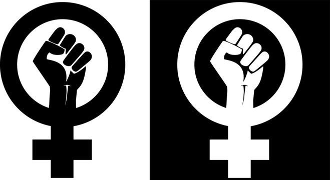 feminist icon with clenched fist isolated on transparent background and stamped on black background. EPS Vector illustration