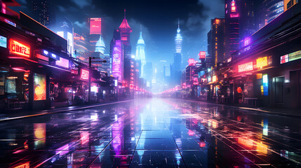 An electrifying shot of a cityscape at night, with neon signs and illuminated buildings creating a...