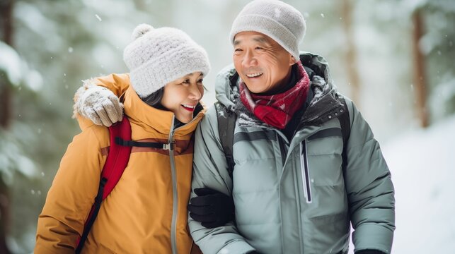 An image of an elderly Asian couple wearing cozy winter clothes.