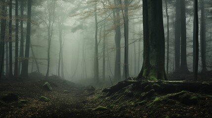 An image of thick fog covering a dense forest and trees. - obrazy, fototapety, plakaty