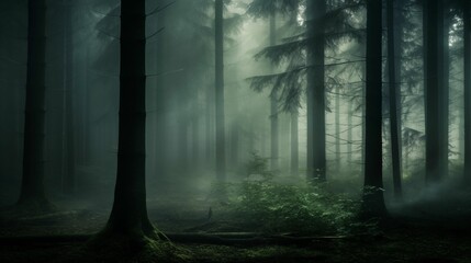 Obraz premium An image of thick fog covering a dense forest and trees.