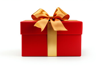 Obraz premium Red gift box with a gold satin bow ribbon isolated on a white background.