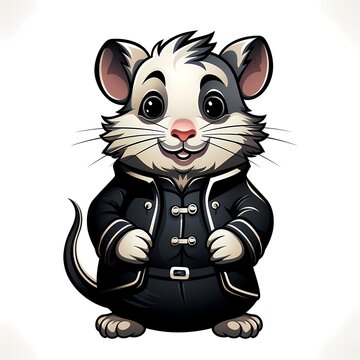 Cartoon rat in black jacket with red nose.